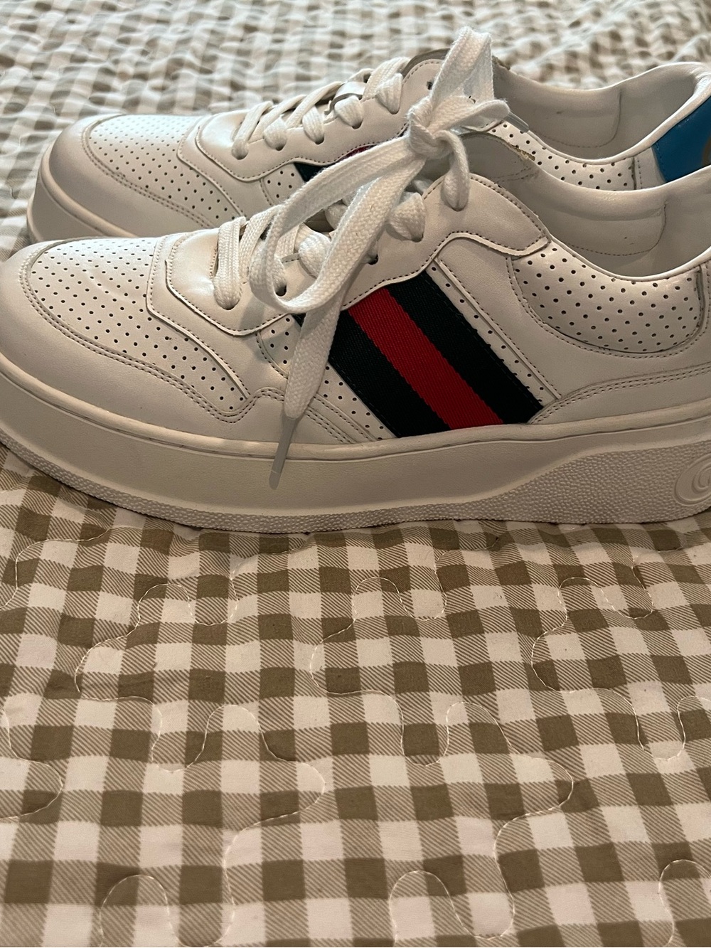 White Platform Sneakers with Red & Navy Stripe